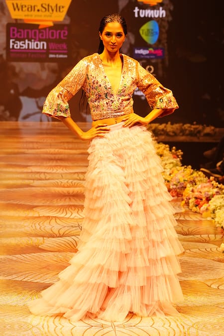 Rahul Singh Ruffle Tiered Lehenga With Hand Embroidered Blouse 