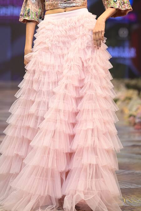 Rahul Singh_Peach Chanderi Silk Sequins, Beads, Ruffle Tiered Lehenga With Hand Blouse _Online_at_Aza_Fashions