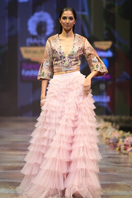 Buy_Rahul Singh_Peach Chanderi Silk Sequins, Beads, Ruffle Tiered Lehenga With Hand Blouse _Online_at_Aza_Fashions