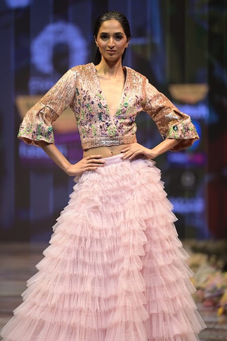 Shop_Rahul Singh_Peach Chanderi Silk Sequins, Beads, Ruffle Tiered Lehenga With Hand Blouse _Online_at_Aza_Fashions