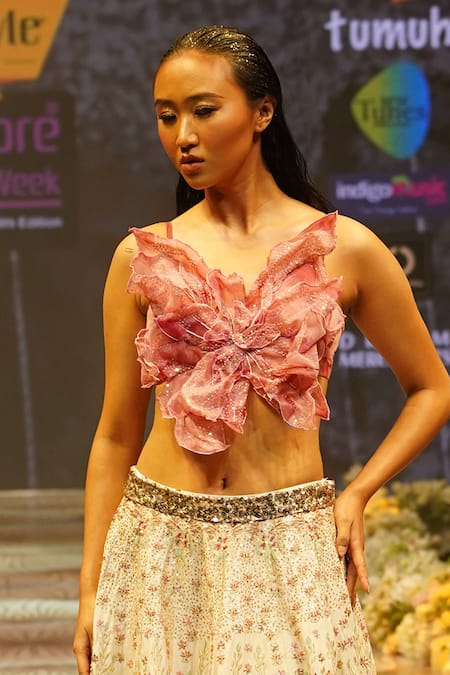 Buy_Rahul Singh_Peach Chanderi Silk Sequins, Applique, Hand Embroidered Lehenga With Blouse _Online_at_Aza_Fashions