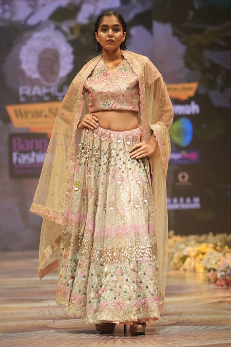 Rahul Singh Beige Chanderi Silk Hand Embroidered Thread V-neck Bridal Lehenga Set 