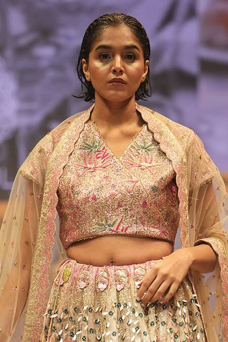 Rahul Singh_Beige Chanderi Silk Sequins, Beads, Embroidery V-neck Hand Bridal Lehenga Set _Online_at_Aza_Fashions