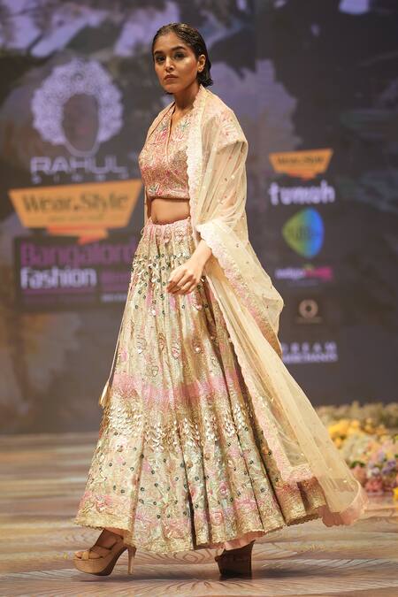 Shop_Rahul Singh_Beige Chanderi Silk Sequins, Beads, Embroidery V-neck Hand Bridal Lehenga Set 