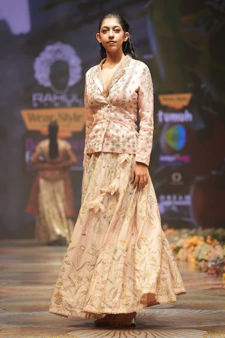 Rahul Singh_Peach Chanderi Silk Sequins, Beads, Embroidery Collared Jacket And Lehenga Set _Online_at_Aza_Fashions
