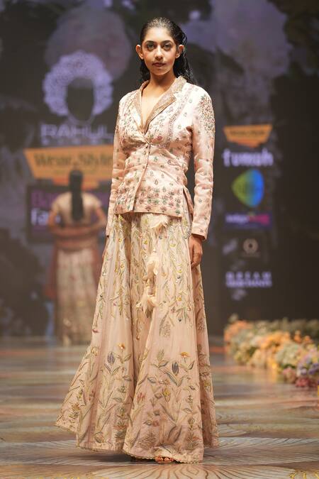 Buy_Rahul Singh_Peach Chanderi Silk Sequins, Beads, Embroidery Collared Jacket And Lehenga Set _Online_at_Aza_Fashions
