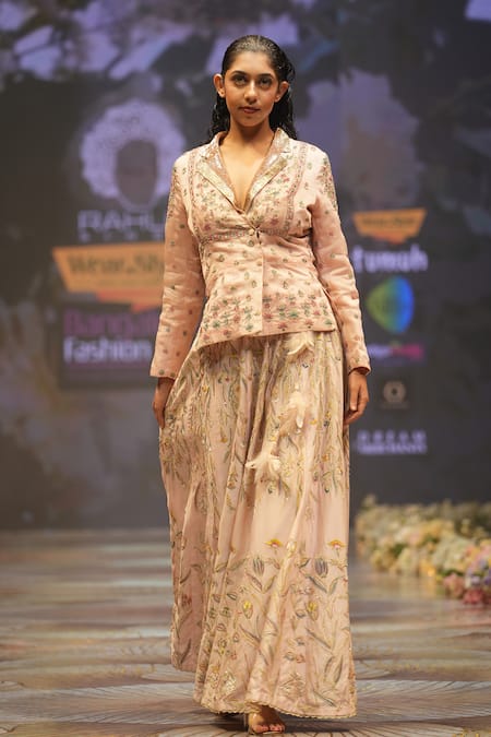 Shop_Rahul Singh_Peach Chanderi Silk Sequins, Beads, Embroidery Collared Jacket And Lehenga Set _Online_at_Aza_Fashions