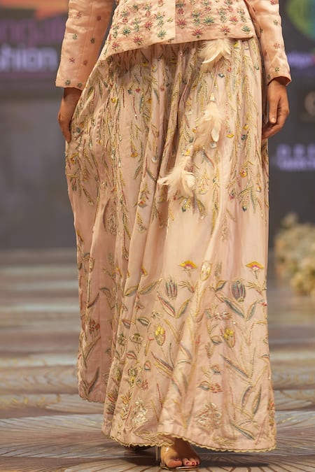 Buy_Rahul Singh_Peach Chanderi Silk Sequins, Beads, Embroidery Collared Jacket And Lehenga Set 