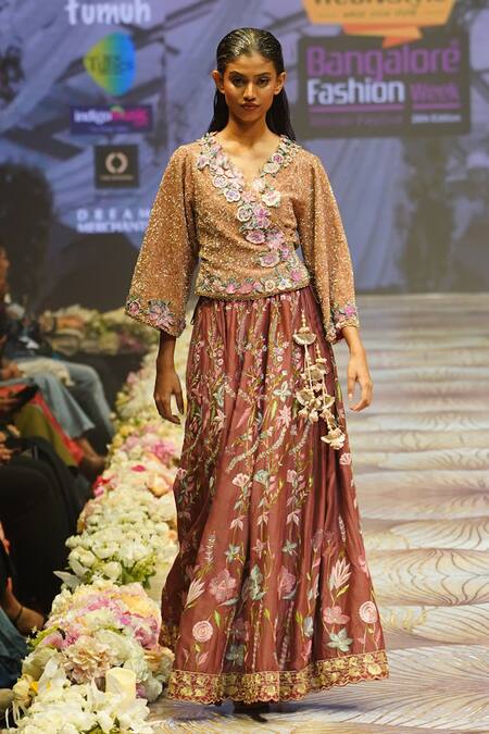 Rahul Singh_Brown Chanderi Silk Sequins, Beads, Embroidery Scattered Top And Lehenga Set _Online_at_Aza_Fashions