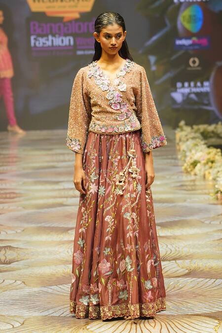 Buy_Rahul Singh_Brown Chanderi Silk Sequins, Beads, Embroidery Scattered Top And Lehenga Set _Online_at_Aza_Fashions