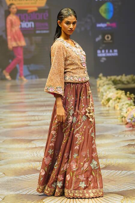 Rahul Singh_Brown Chanderi Silk Sequins, Beads, Embroidery Scattered Top And Lehenga Set _at_Aza_Fashions