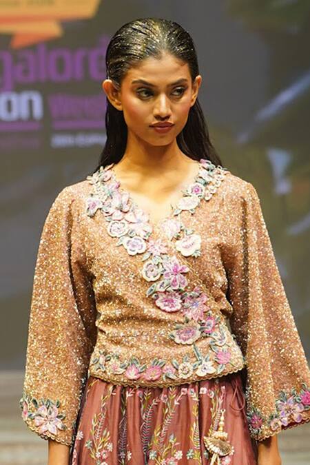 Buy_Rahul Singh_Brown Chanderi Silk Sequins, Beads, Embroidery Scattered Top And Lehenga Set 