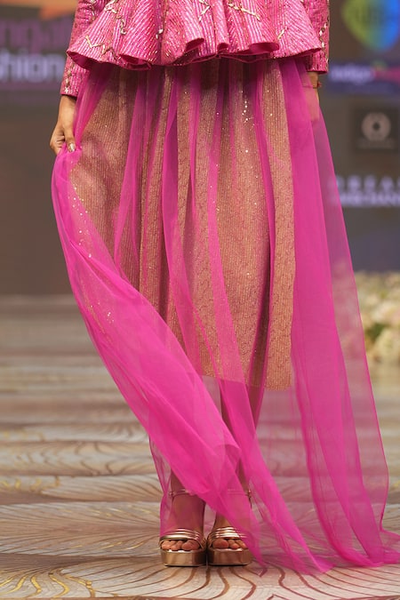 Shop_Rahul Singh_Pink Chanderi Silk Sequins, Beads, Embroidery Plunge Neck Top And Skirt Set _Online_at_Aza_Fashions
