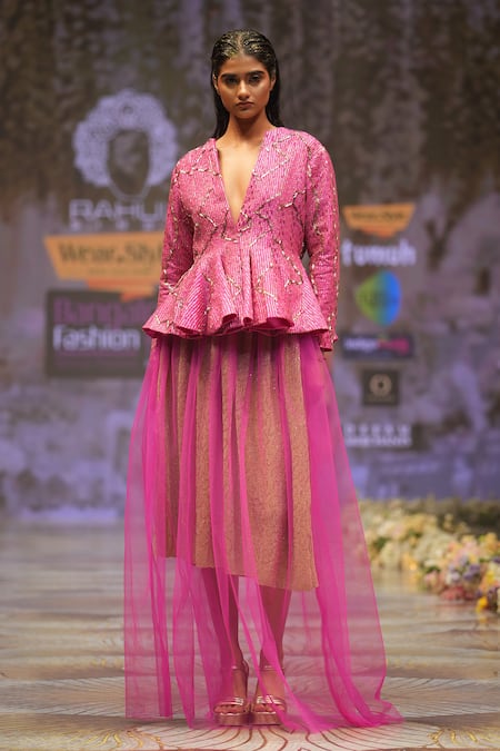 Rahul Singh_Pink Chanderi Silk Sequins, Beads, Embroidery Plunge Neck Top And Skirt Set _at_Aza_Fashions