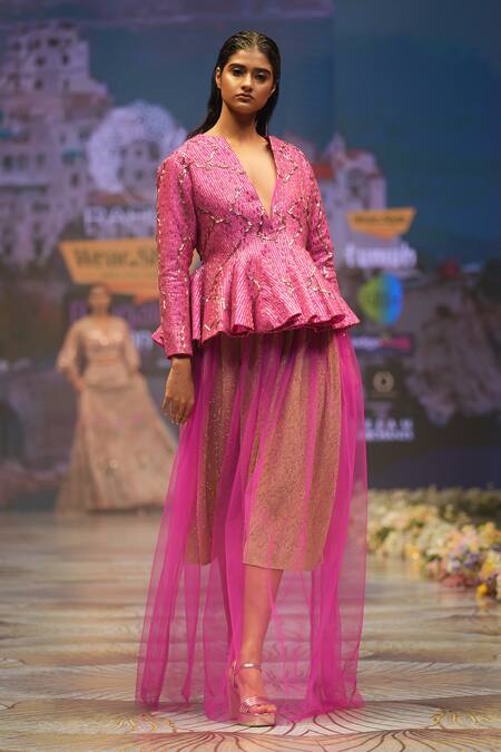 Buy_Rahul Singh_Pink Chanderi Silk Sequins, Beads, Embroidery Plunge Neck Top And Skirt Set 