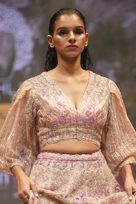 Shop_Rahul Singh_Gold Chanderi Silk Sequins, Beads, Resham Bridal Lehenga And Blouse Set _Online_at_Aza_Fashions