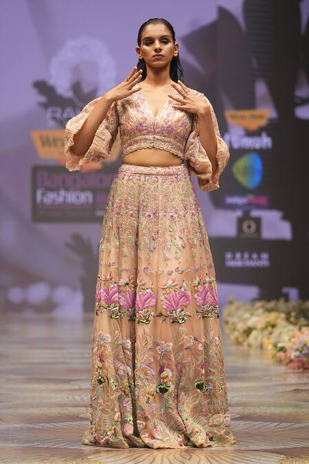 Rahul Singh_Gold Chanderi Silk Sequins, Beads, Resham Bridal Lehenga And Blouse Set _at_Aza_Fashions