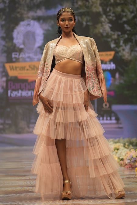 Rahul Singh Peach Chanderi Silk Hand Embroidered Thread Jacket Open Sequin Skirt Set 