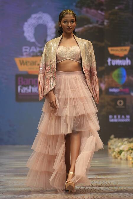 Rahul Singh_Peach Chanderi Silk Sequins, Beads Sweetheart Neck, Embroidered Jacket Skirt Set _Online_at_Aza_Fashions
