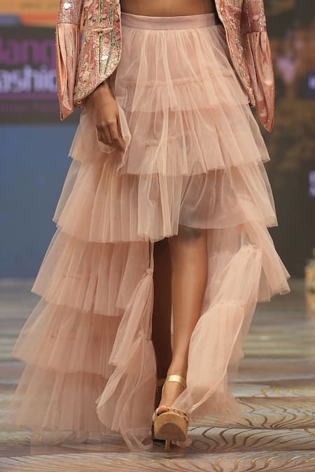 Buy_Rahul Singh_Peach Chanderi Silk Sequins, Beads Sweetheart Neck, Embroidered Jacket Skirt Set _Online_at_Aza_Fashions