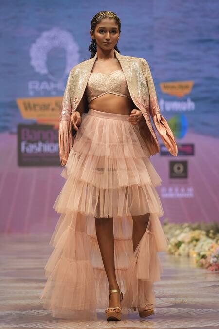 Shop_Rahul Singh_Peach Chanderi Silk Sequins, Beads Sweetheart Neck, Embroidered Jacket Skirt Set _Online_at_Aza_Fashions