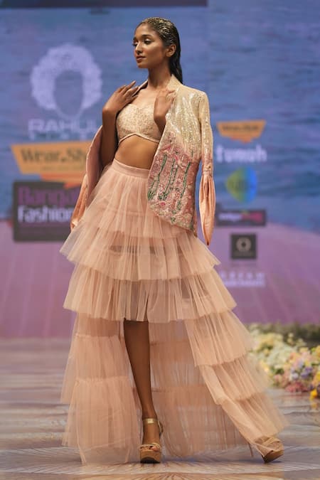 Buy_Rahul Singh_Peach Chanderi Silk Sequins, Beads Sweetheart Neck, Embroidered Jacket Skirt Set 