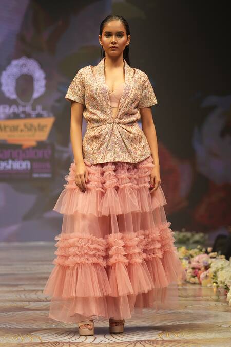 Buy_Rahul Singh_Peach Chanderi Silk Sequins, Beads Stripe Embroidered Jacket Skirt Set _Online_at_Aza_Fashions