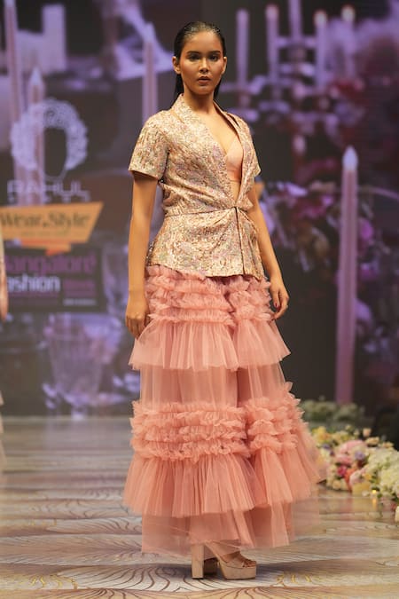 Shop_Rahul Singh_Peach Chanderi Silk Sequins, Beads Stripe Embroidered Jacket Skirt Set _Online_at_Aza_Fashions