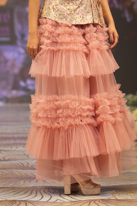 Rahul Singh_Peach Chanderi Silk Sequins, Beads Stripe Embroidered Jacket Skirt Set _at_Aza_Fashions