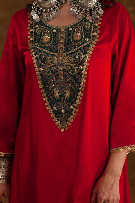 Buy_Ekavira_Red Silk Cut Work, Embroidery Round Neck Kurta Salwar Set _Online_at_Aza_Fashions