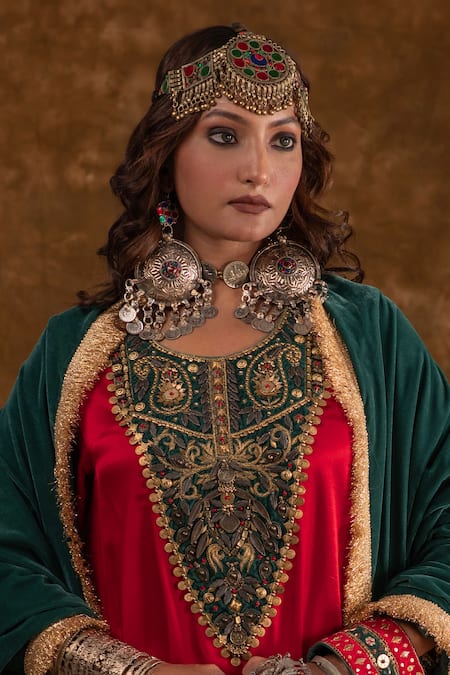 Shop_Ekavira_Red Silk Cut Work, Embroidery Round Neck Kurta Salwar Set _Online_at_Aza_Fashions