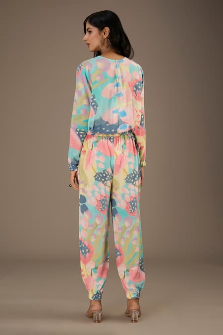 Shop PS Pret By Payal Singhal Multi Color Crepe Round Neck Euphoria Printed Top With Jogger Pant at Aza Fashions Shop_PS Pret By Payal Singhal_Multi Color Crepe Round Neck Euphoria Printed Top With Jogger Pant_at_Aza_Fashions