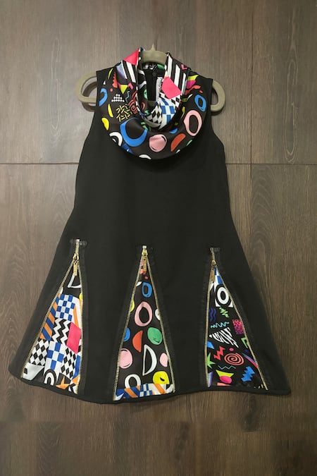 LITTLE WEIRD BY NEHA KANKARIA Black Imported Piana Printed Abstract Panelled Cowl Dress 