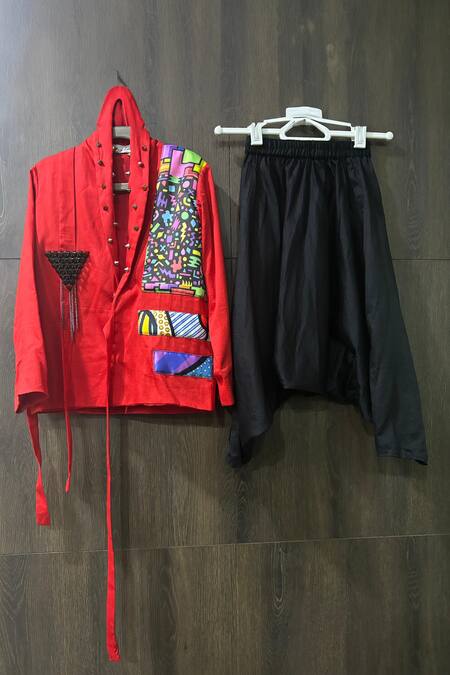 Little Weird By Neha Kankaria_Red Cotton Embroidered Patchwork Jacket And Harrem Pant Set _Online_at_Aza_Fashions