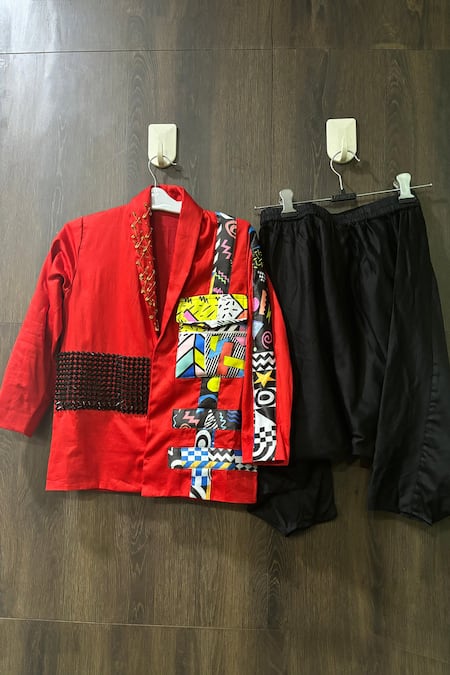 Little Weird By Neha Kankaria Patchwork Stud Embellished Jacket & Harrem Pant Set 