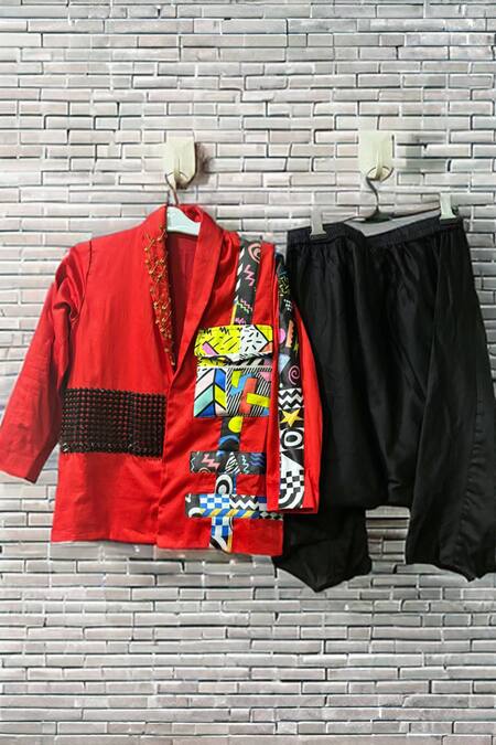 Little Weird By Neha Kankaria_Red Cotton Embroidered Patchwork Stud Embellished Jacket And Harrem Pant Set _Online_at_Aza_Fashions