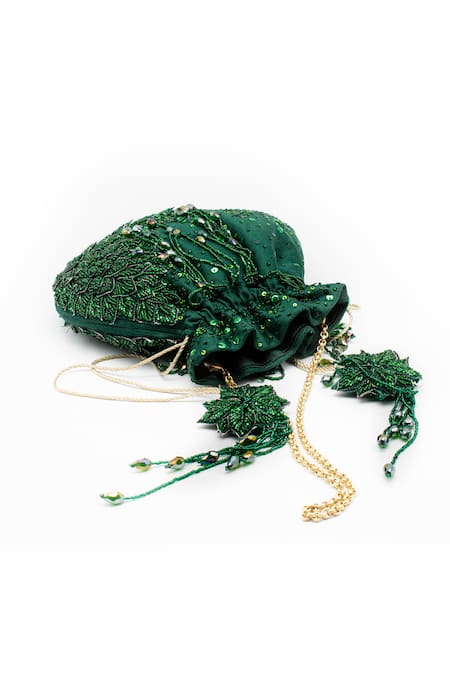 Vareli Bafna_Green Embroidery Leaf Applique Potli Bag _Online_at_Aza_Fashions