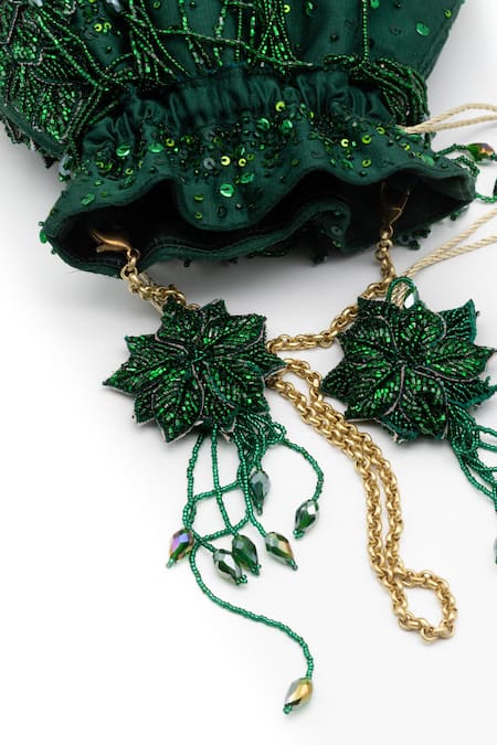 Buy_Vareli Bafna_Green Embroidery Leaf Applique Potli Bag _Online_at_Aza_Fashions