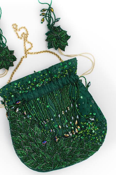 Shop_Vareli Bafna_Green Embroidery Leaf Applique Potli Bag _Online_at_Aza_Fashions