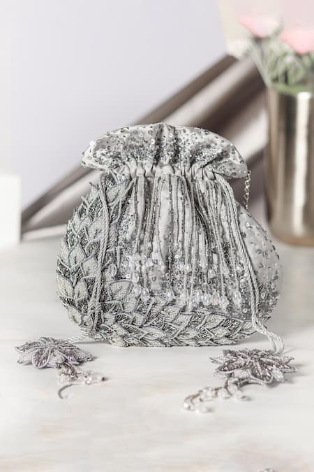 Vareli Bafna Silver Embroidery Warq Leaf Applique Potli Bag 
