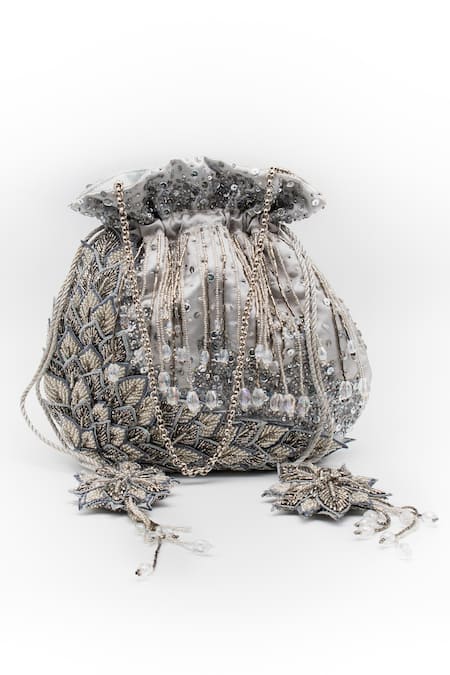 Shop Vareli Bafna Silver Embroidery Warq Leaf Applique Potli Bag at Aza Fashions Shop_Vareli Bafna_Silver Embroidery Warq Leaf Applique Potli Bag_at_Aza_Fashions