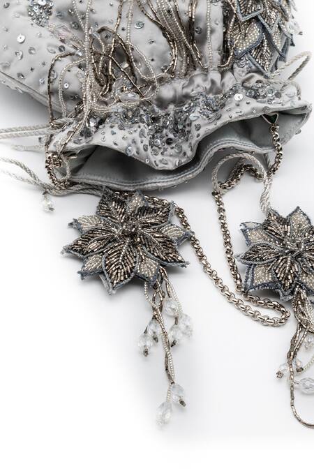 Buy Vareli Bafna Silver Embroidery Warq Leaf Applique Potli Bag Online at Aza Fashions Buy_Vareli Bafna_Silver Embroidery Warq Leaf Applique Potli Bag_Online_at_Aza_Fashions