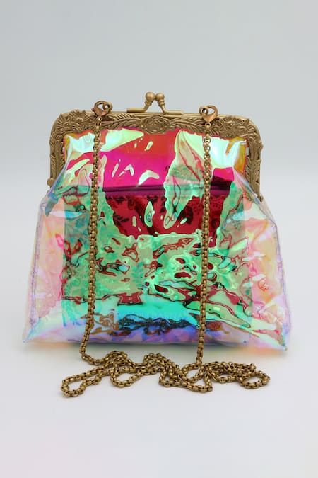 Vareli Bafna White Printed Pouch Shuruq Holographic Clutch With 