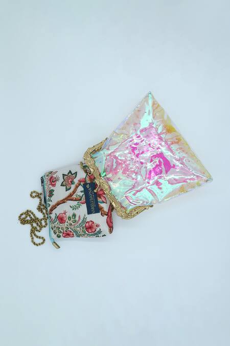 Vareli Bafna_White Printed Pouch Shuruq Holographic Clutch With_Online_at_Aza_Fashions
