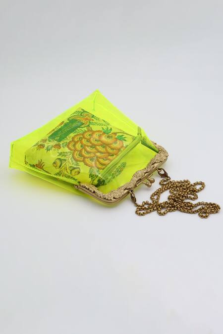 Vareli Bafna_Green Printed Pouch Jyrn Vinyl Clutch With_Online_at_Aza_Fashions