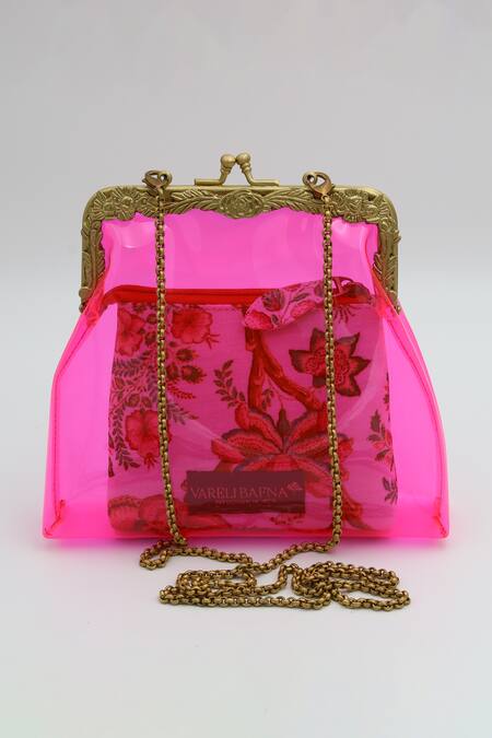 Shop Vareli Bafna Pink Printed Pouch Zahri Vinyl Clutch With at Aza Fashions Shop_Vareli Bafna_Pink Printed Pouch Zahri Vinyl Clutch With_at_Aza_Fashions