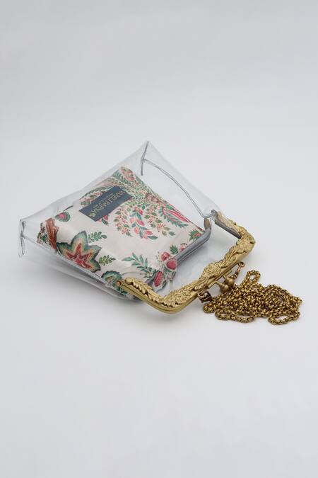 Vareli Bafna_White Printed Pouch Shafaf Vinyl Clutch With _Online_at_Aza_Fashions