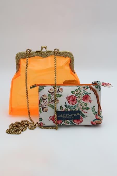 Vareli Bafna Orange Printed Pouch Zafraan Vinyl Clutch With 