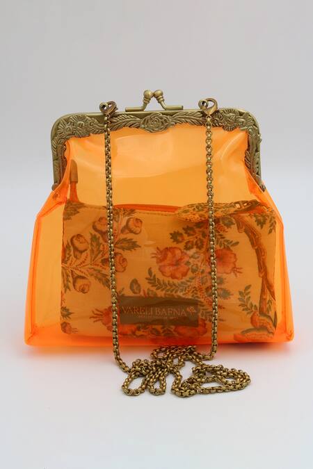 Shop Vareli Bafna Orange Printed Pouch Zafraan Vinyl Clutch With at Aza Fashions Shop_Vareli Bafna_Orange Printed Pouch Zafraan Vinyl Clutch With_at_Aza_Fashions