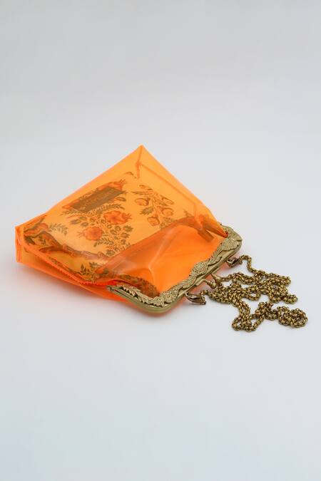 Vareli Bafna Orange Printed Pouch Zafraan Vinyl Clutch With Online at Aza Fashions Vareli Bafna_Orange Printed Pouch Zafraan Vinyl Clutch With_Online_at_Aza_Fashions